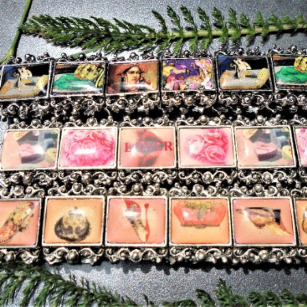 2/$25 Antique Silver Picture tile  Stretch bracelet romance, lovers or Taj Mahal